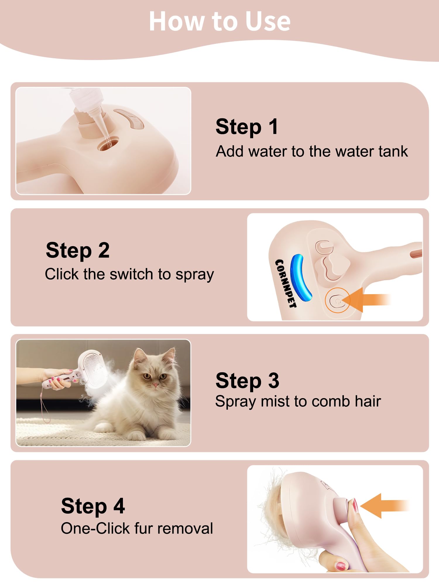 Cepillo de vapor para gatos 3 en 1, cepillo para gatos con botón de vapor y liberación, herramienta de aseo para mascotas de interior, eliminación de pelo, agua para animales pequeños, pelo largo y