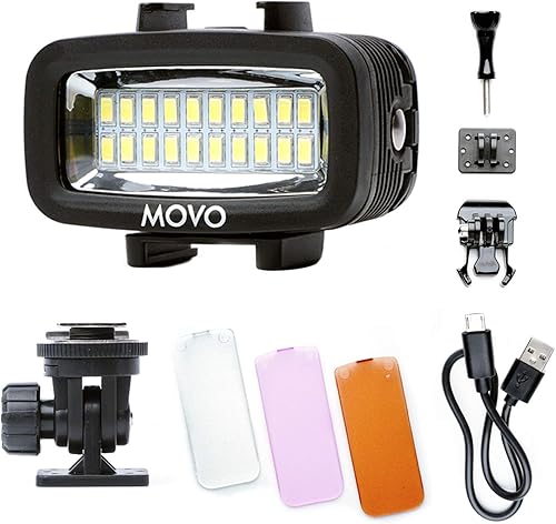 Movo LED-WP Luz de video LED recargable de alta potencia subacuática con cámara de acción y soportes para zapatos, compatible con GoPro, DSLR,