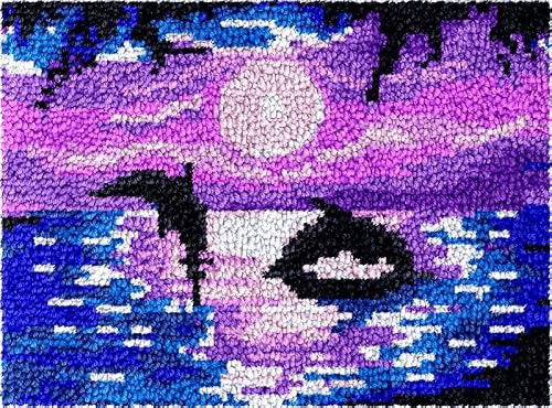 Latch Hook Kits Rug Dolphins & Purple Sunset DIY Cushion Tapestry Making Crochet Hook Mat Making Kits Color Preprinted Pattern Canvas DIY Hooking Needlework Crochet Kits 52x38cm (S11-181)