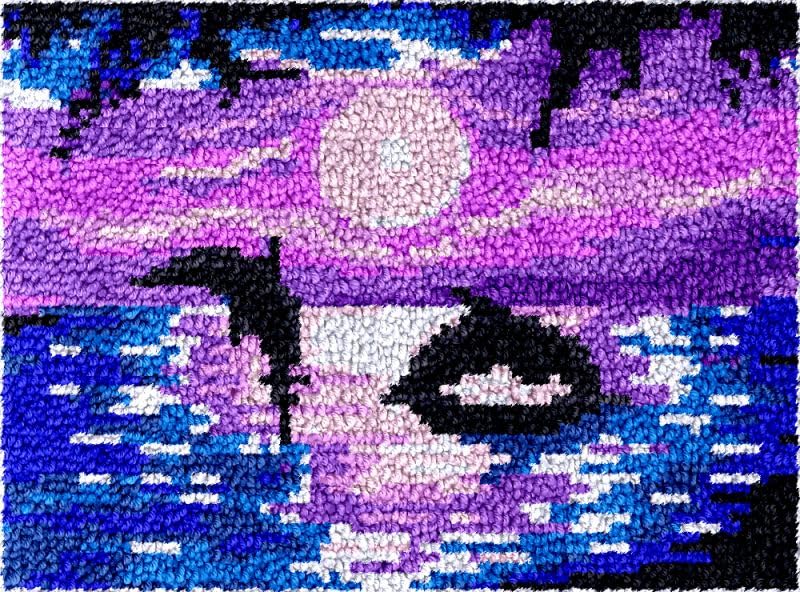 Image of Latch Hook Kits Rug Dolphins & Purple Sunset DIY Cushion Tapestry Making Crochet Hook Mat Making Kits Color Preprinted Pattern Canvas DIY Hooking Needlework Crochet Kits 52x38cm (S11-181)