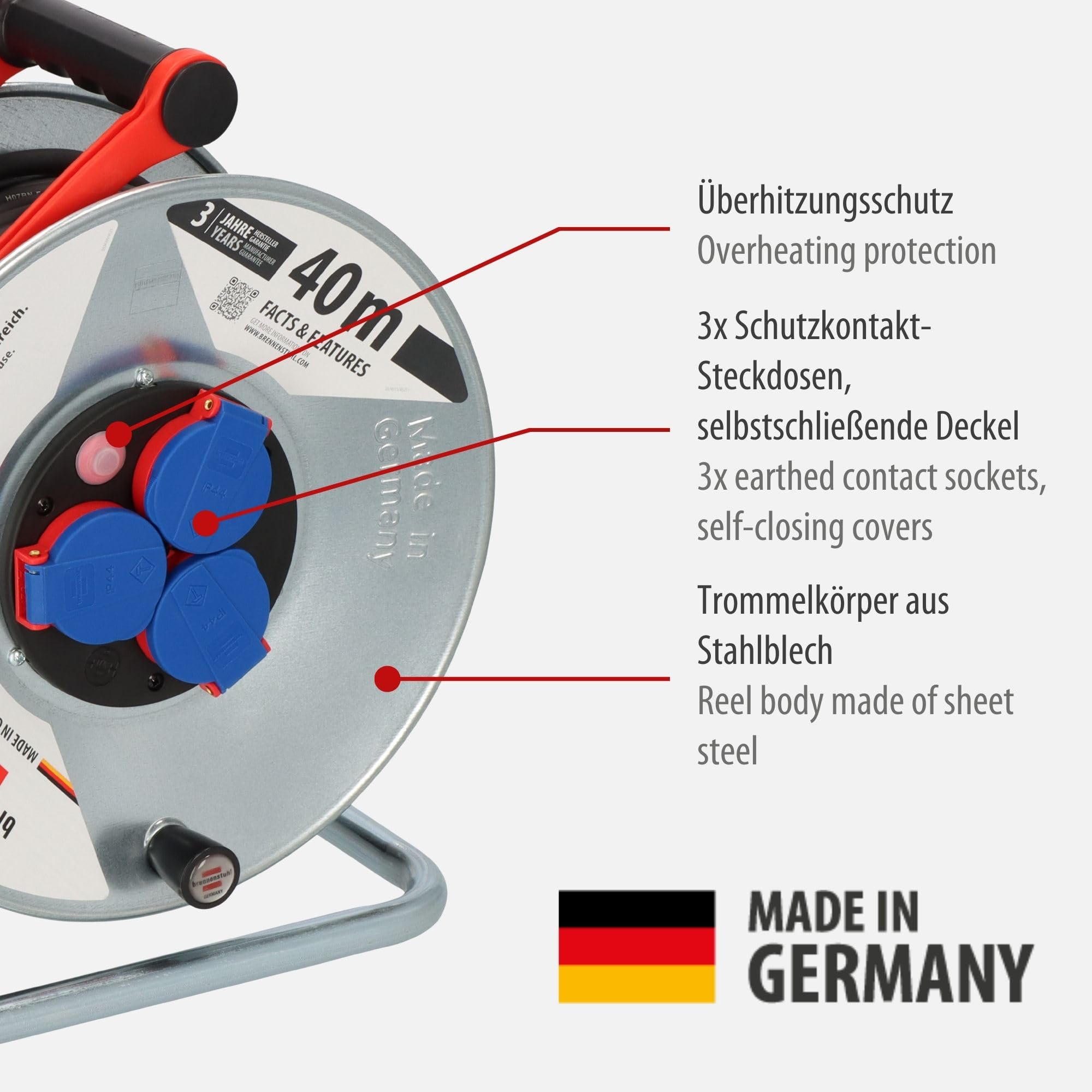 Brennenstuhl Garant S IP44 Kabeltrommel (40m Kabel in schwarz, aus Stahlblech, für den ständigen Einsatz im Außenbereich, Made in Germany) silber