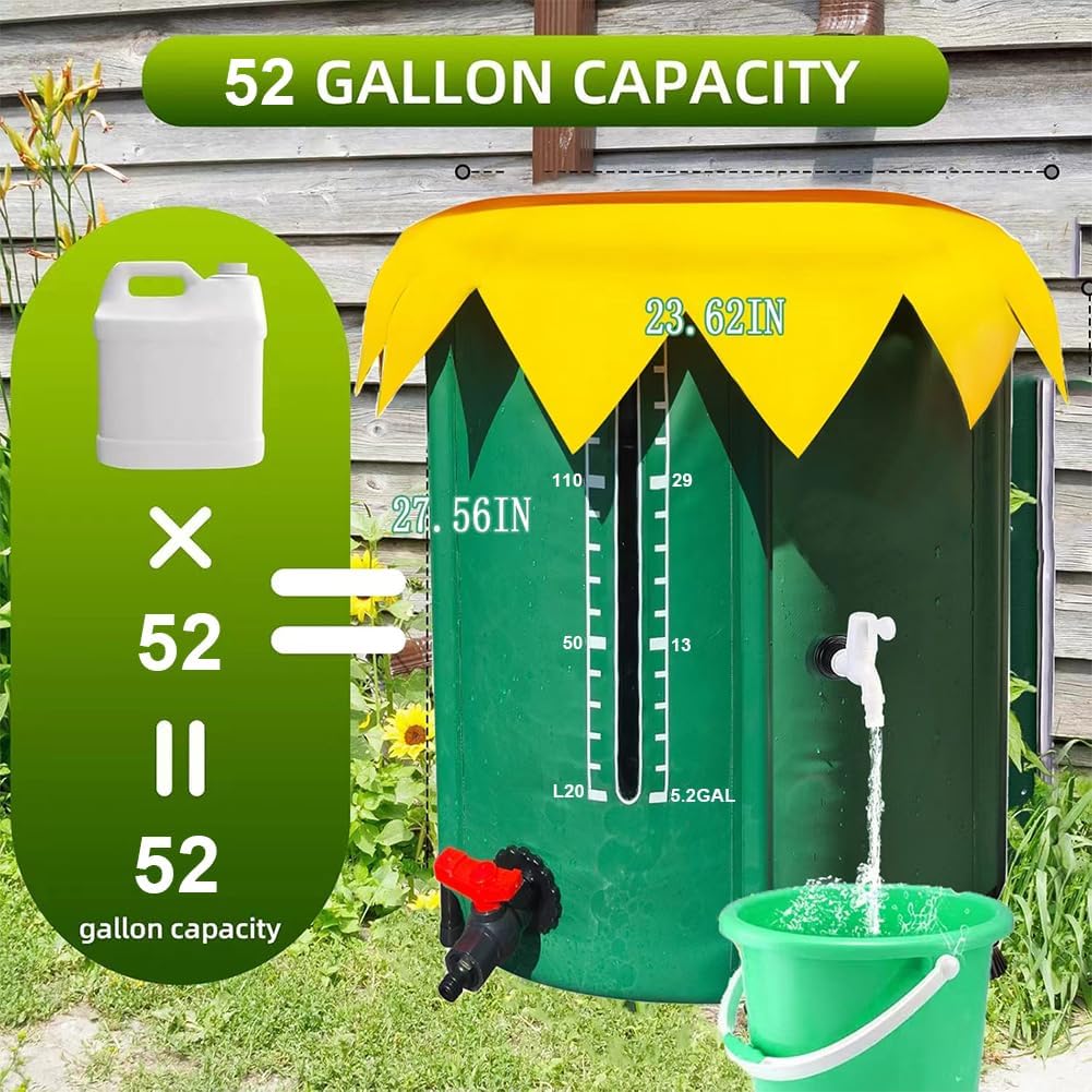 52-Gallon Foldable PVC Rainwater Collection System, Water Storage Tank with Three Outlet Ports, Rain Barrel Collector with Lid for Garden and Courtyard Entrances