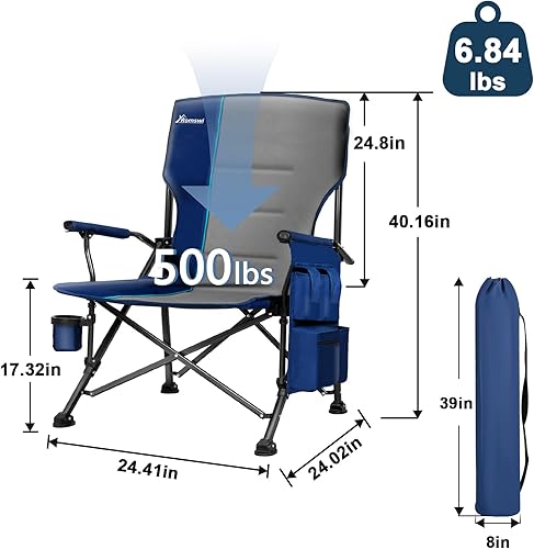Miniatura 3 de Romswi Paquete de 2 sillas de campamento de gran tamaño, capacidad resistente de 500 libras, sillas plegables con reposabrazos duros, portavasos y