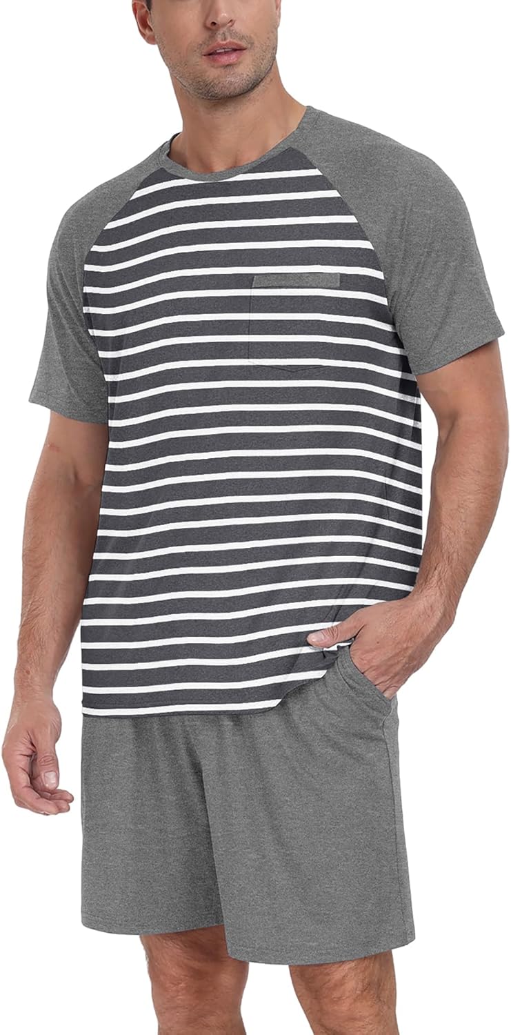 PrinStory Men‘s Pajama Set Summer Pjs Sleepwear Nightwear Lightweight Quick Dry Soft Stripe Sleep Set With Pocket S-2XL