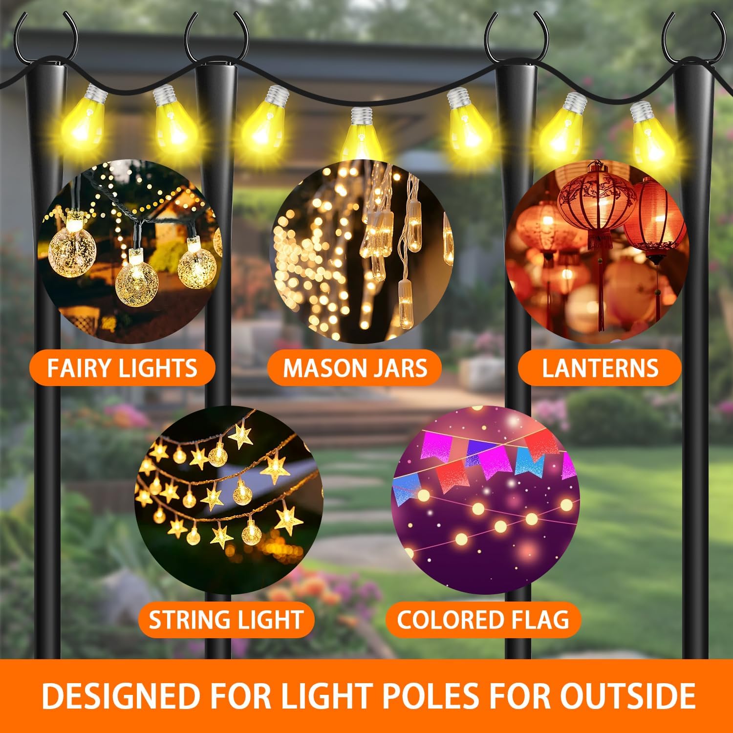 4 Pack 10Ft String Light Poles, Metal Poles with Fork for Outside Lights,Outdoor Metal Light Stand with Fence Brackets Hanging Lights for Garden Patio Wedding Backyard