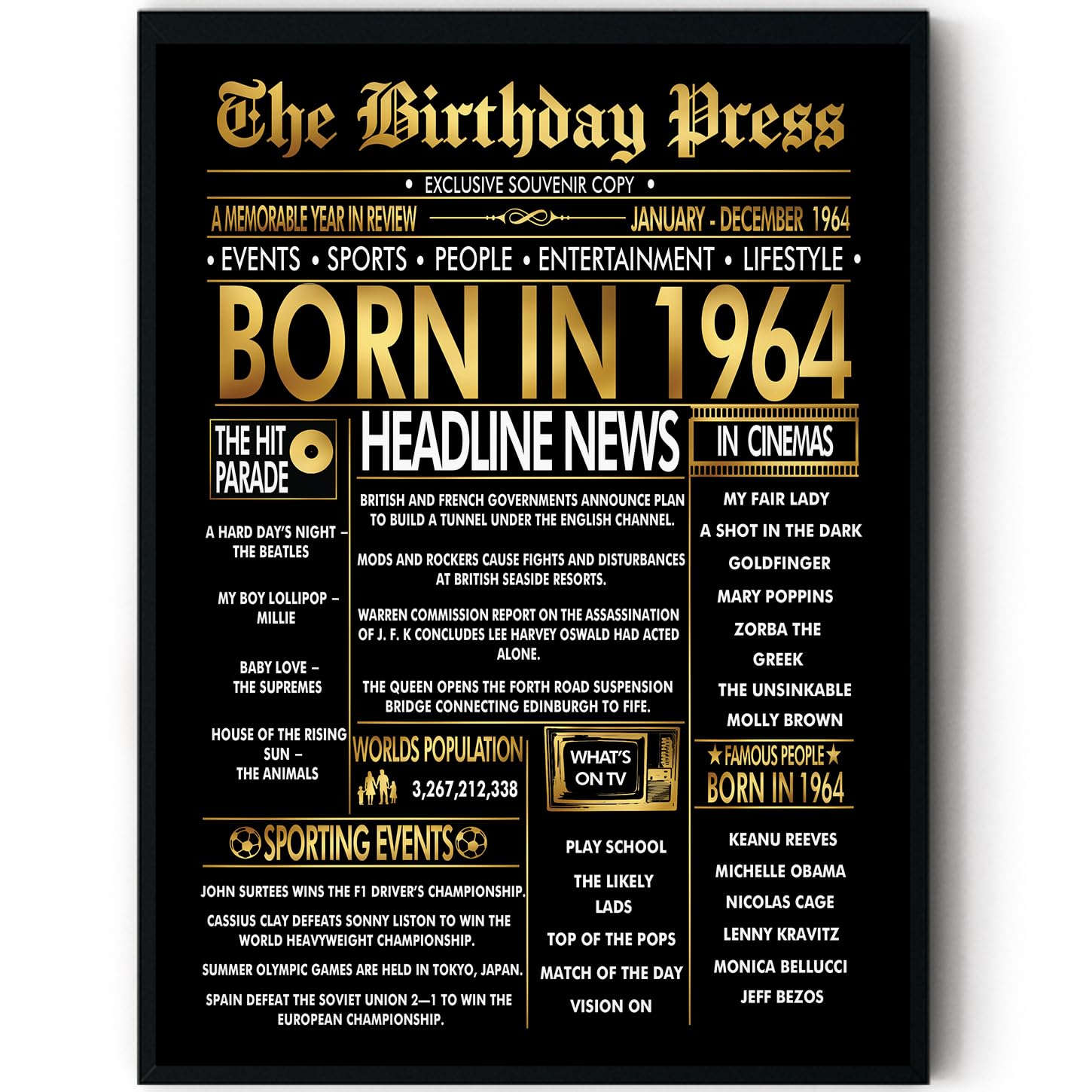 Stuff4 Men's 1964 Gold 62Nd Birthday Poster Framed - Golden Born In Newspaper - Happy 62 Birthday For Wo Retro Vintage Gifts Back In 8X10 Inch Bday Party Decor Decoration