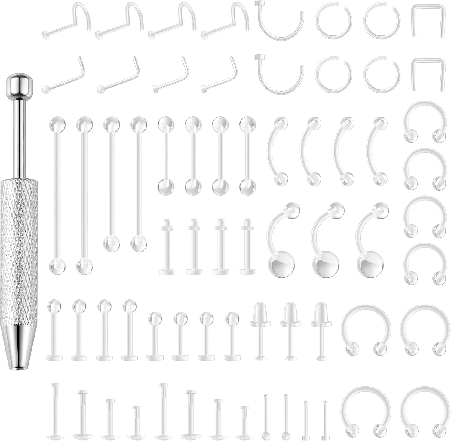 SONNYX 66-76 Pcs Clear Piercing Retainers, Bioflex Body Jewelry for Eyebrow, Lip, Septum, Nose, Nipple, Navel,Tongue, Tragus, Discreet Industrial Piercing Retainer, Piercing Ball Grabber Kit for Work