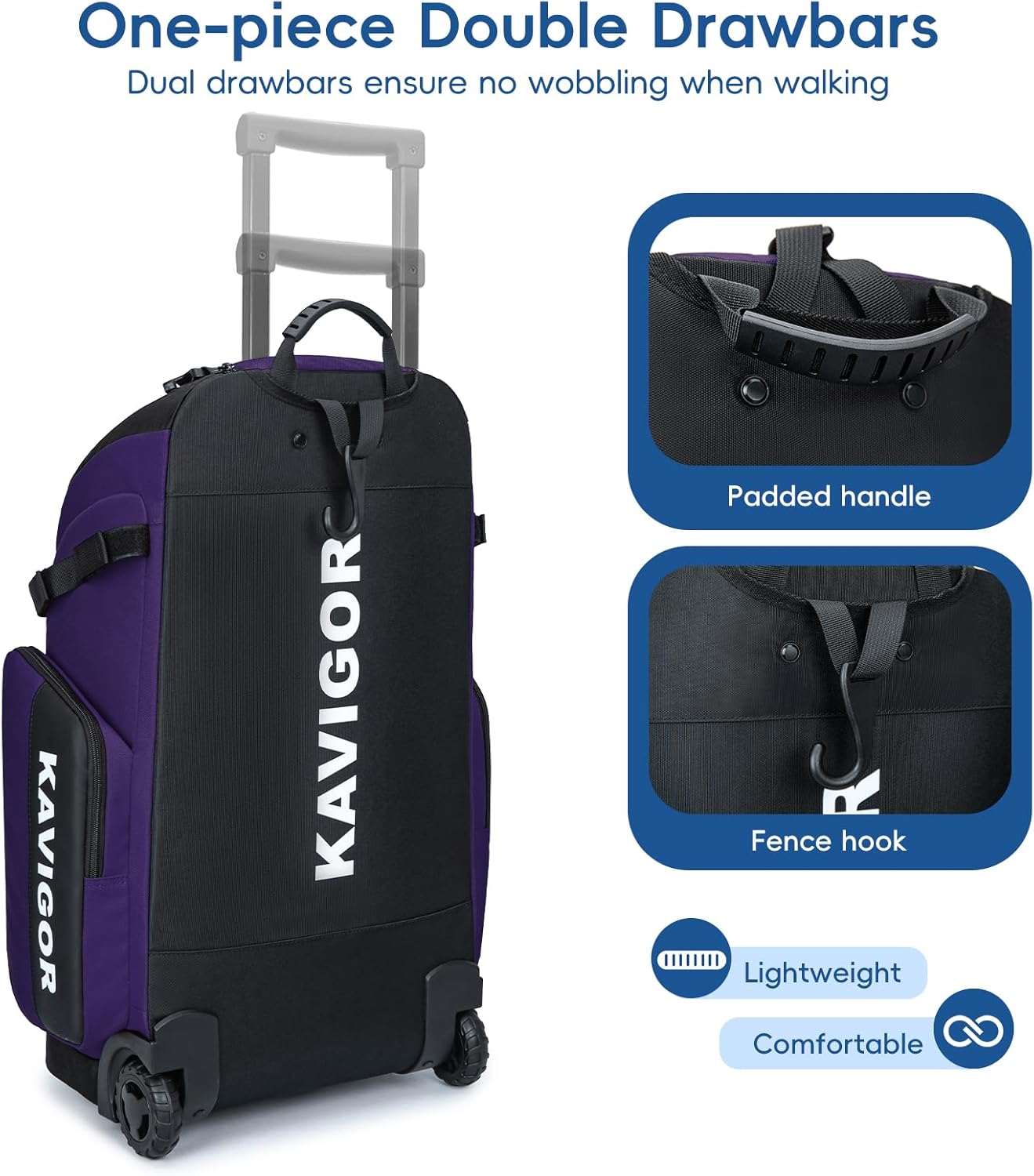 KAVIGOR Rolling Baseball Bag with Wheels, 60L Capacity Softball Bag Holds 4 Bats for Boys and Girls, Youth Equipment Bag with Shoe Compartment