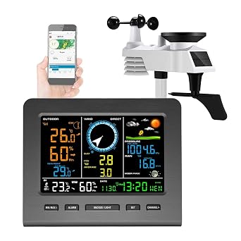 Professional Weather Station, Weather Station with Outdoor Sensor, Thermometer, Wind Speed, Wind Direction, Rain Gauge/Color Display