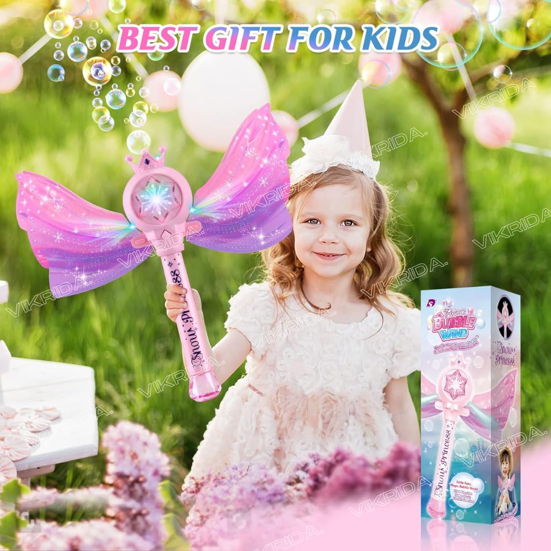 VikriDA Bubble Wands for Kids with LED Light & Music - 1 Bubble Solution Bottle - for Indoor Outdoor Birthday Party Celebration 3