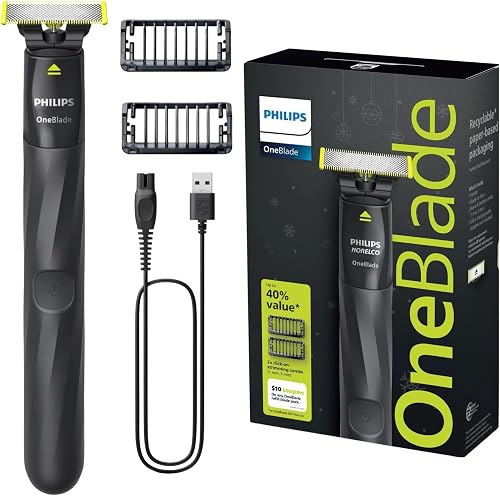 Philips OneBlade Trimmer & Shaver, Trim & Shave Any Length with Extra Skin Protection, Dual-Sided Blade, Waterproof Body Electric Razor, USB Charging, 2 Stubble Combs Included