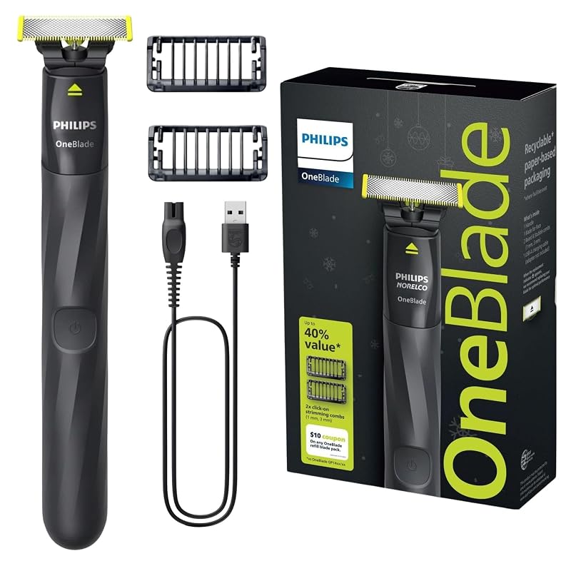 Barbeador elétrico Philips OneBlade para rosto com aparador, lâmina dupla, corpo impermeável, carregamento USB e 2 pentes