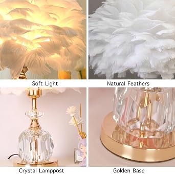 White Feather Table Lamp with Crystal Base Romantic Feather Night Light Feather Lampshade Decorative Bedside Table Lighting for Bedroom, Living Room