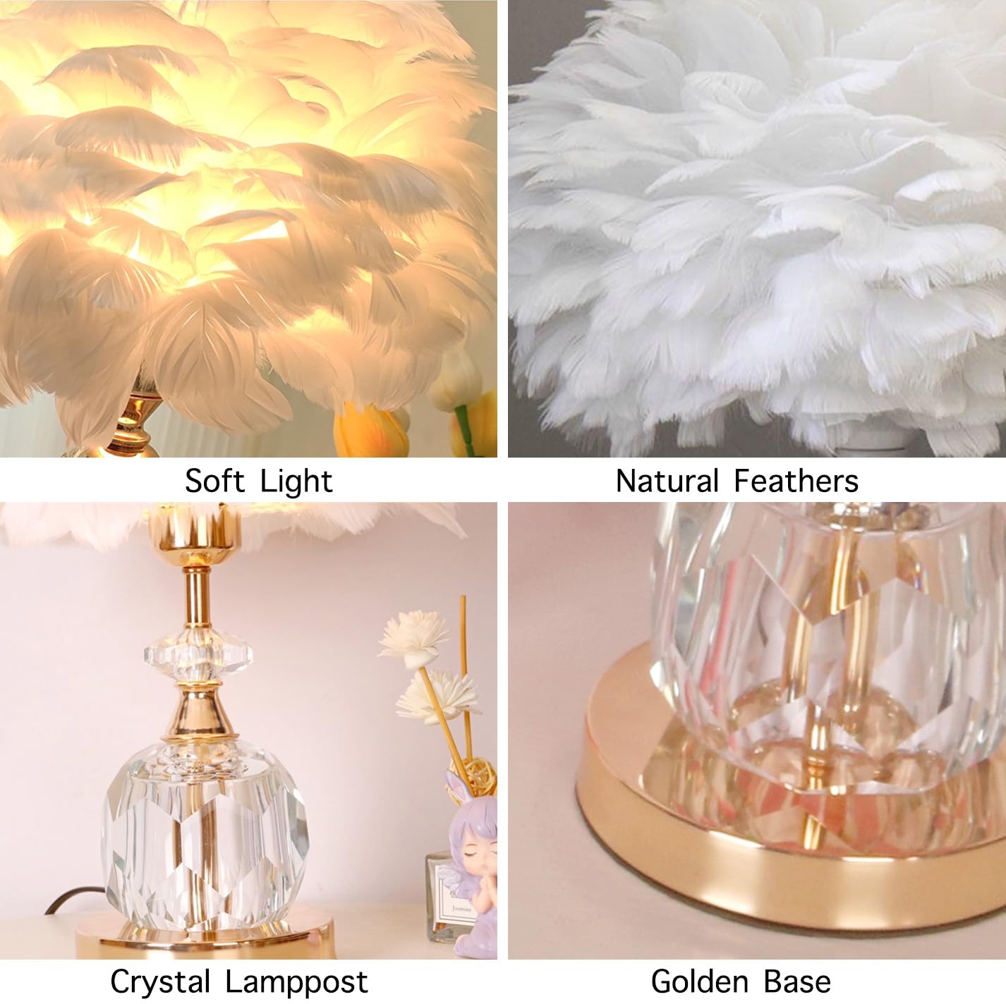 Base De Cristal Lámpara De Mesa De Plumas Blancas Lámpara De Noche De Plumas Románticas Lámpara De Noche De Plumas Lámpara De Plumas Decoración De Dormitorio, Lámpara De Cabecera De Sala De Estar