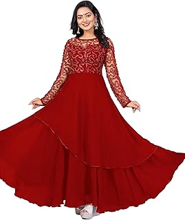 dream crushers Women's Georgette Solid Ankle Length 3/4 Sleeve Anarkali Gown Set with Floral Embroidered Gowen (Black)-picture-13
