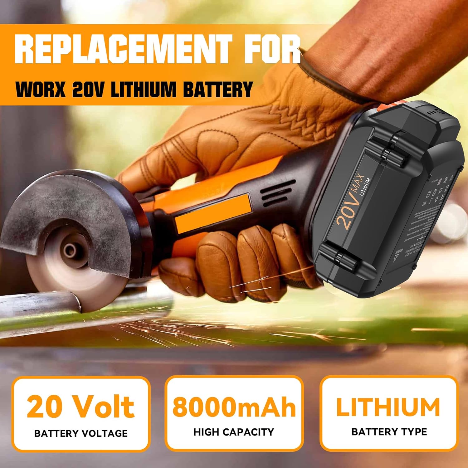 Upgraded 2Packs 8.0Ah Replacement for Worx 20V Battery Lithium-ion Power Share Max WA3525 WA3575 WA3575 WA3578 WA3520 WA3742 WG155s WG251s WG890 Compatible with Worx battery 20V Power Tools