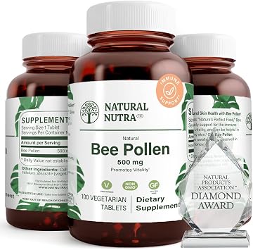 Natural Nutra Bee Pollen 500 mg, Helps Promote Vitality and Immune System, Improve Overall Health, Helps Improve Body Stamina, 100 Tablets