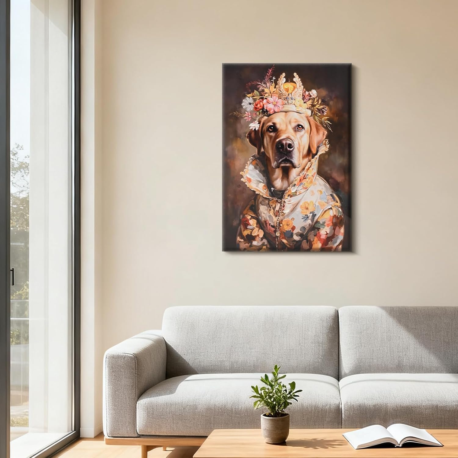 Poemwish Dog Wall Art, Labrador Portrait Wall Art, Vintage Style Bathroom Wall Decor, Regal Canine Painting with Floral Crown and Gown
