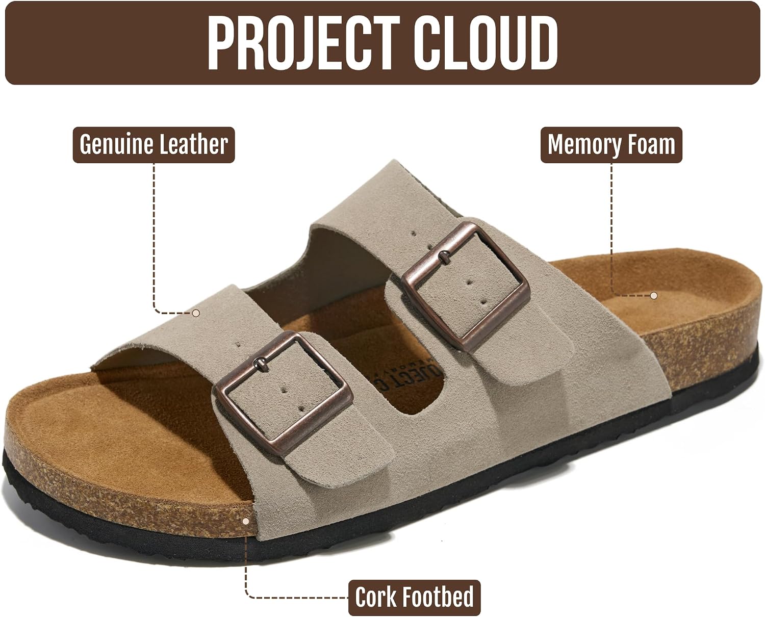 Project Cloud Mens Sandals 100% Genuine Leather - Memory Foam Insole & Cork Footbed Slides for Men Footwear - Non-Slip Summer Sandals for Men & Lightweight Mens Slides (Heritage, LTGRYSDE,12)