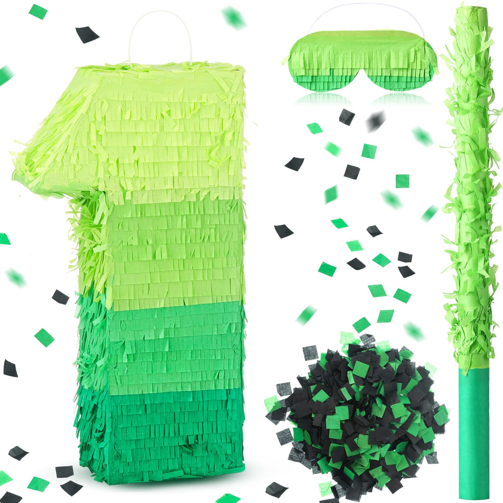 WinnerWhy Number 1 Piñata 16 Inch Green Birthday Piñata Stick Blindfold
