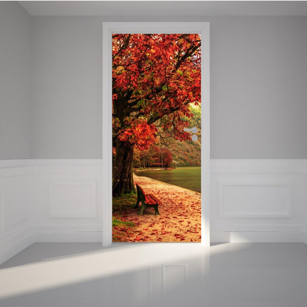 Door Wall Sticker Lovely Autumn at The Calm Lake - Peel & Stick Repositionable Fabric Mural