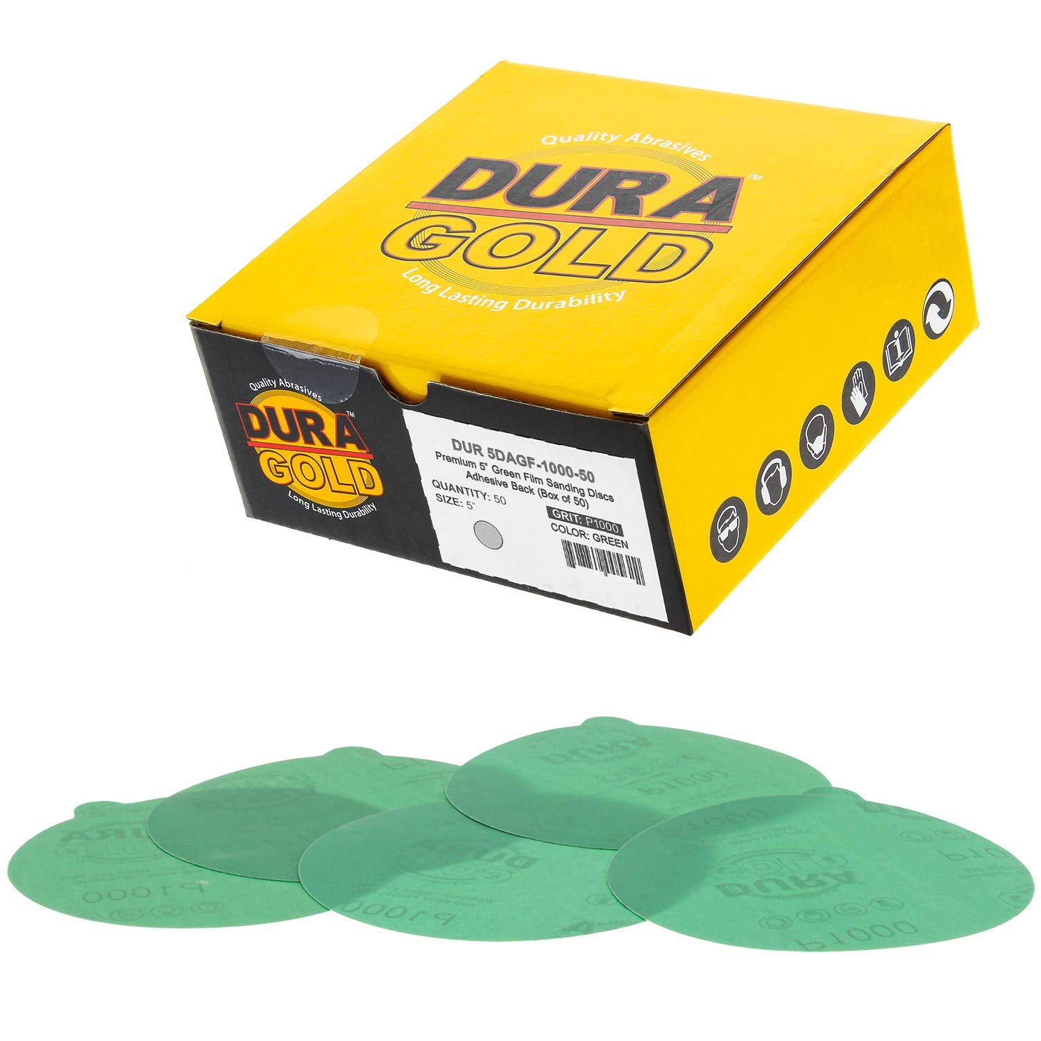 Dura-Gold Premium 5" Green Film PSA Sanding Discs - 1000 Grit (Box of 50) - Film Back Self Adhesive Stickyback Sandpaper Discs for DA Sander,