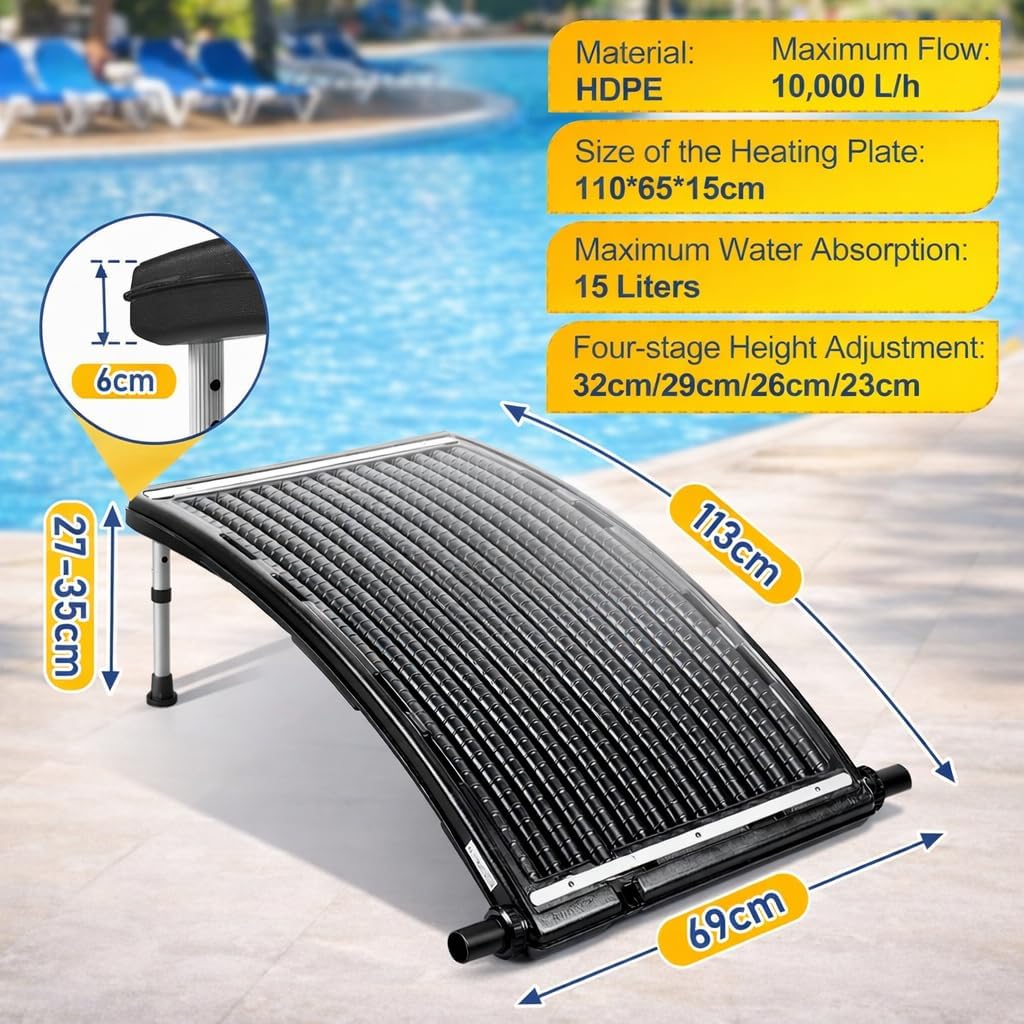 2026 Upgraded Solar Pool Heater with Adjustable Support Feet, Pool Heater for Above Ground Pool, Inground Pool Warmer, with 2 Adapters, 2 Hoses & Clamps, 2 Plumber Tapes, Thicken Connector