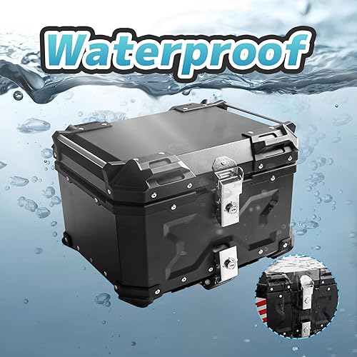 Miniatura 5 de Funda superior universal para motocicleta, caja trasera de motocicleta de 65 L, con respaldo, bloqueo de seguridad y asa para equipaje de casco,