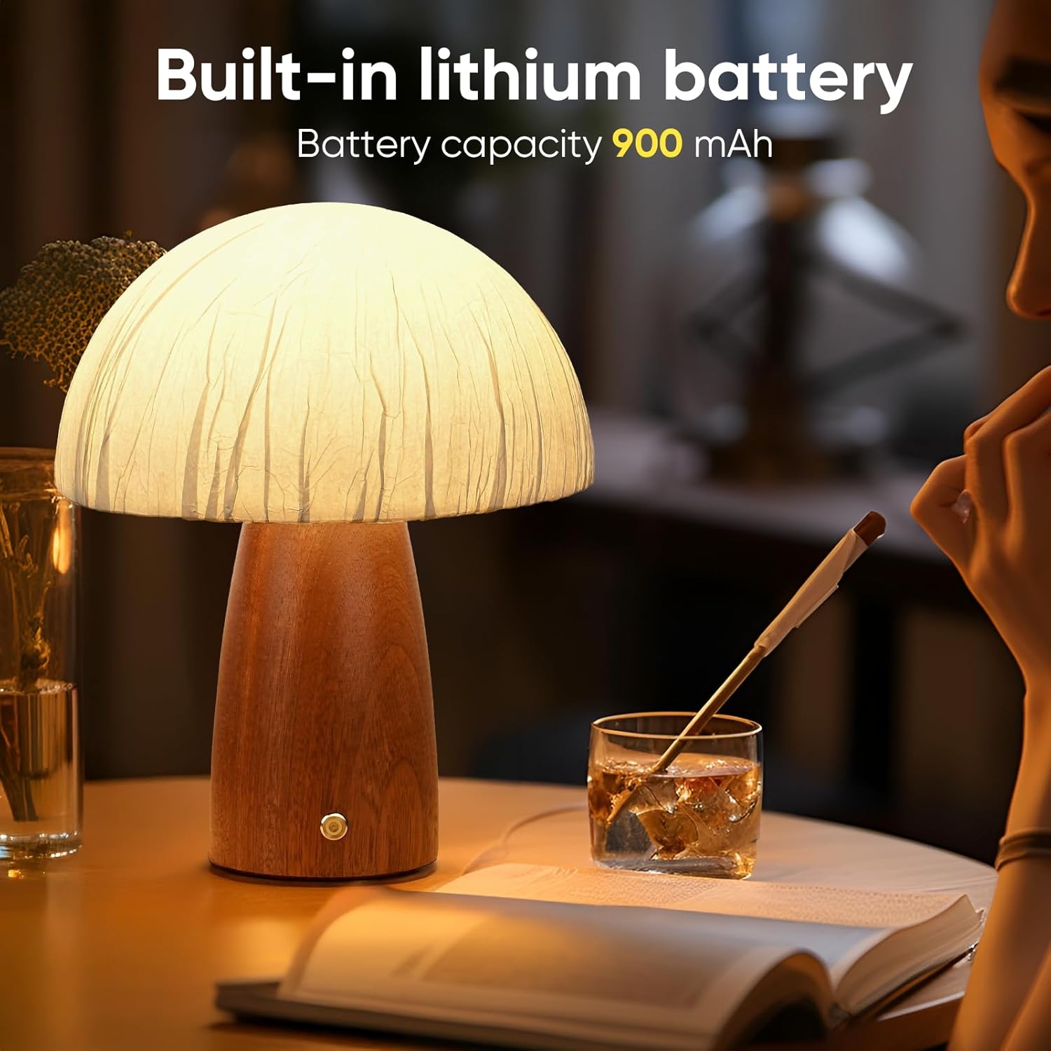 Wood Mushroom Table Lamp, LED Small Bedside Touch Lamp, Rechargeable Portable Cordless Battery Operated Lamps for Night Stands Living Room, Bedroom,Office, Night Light for Birthday Gifts
