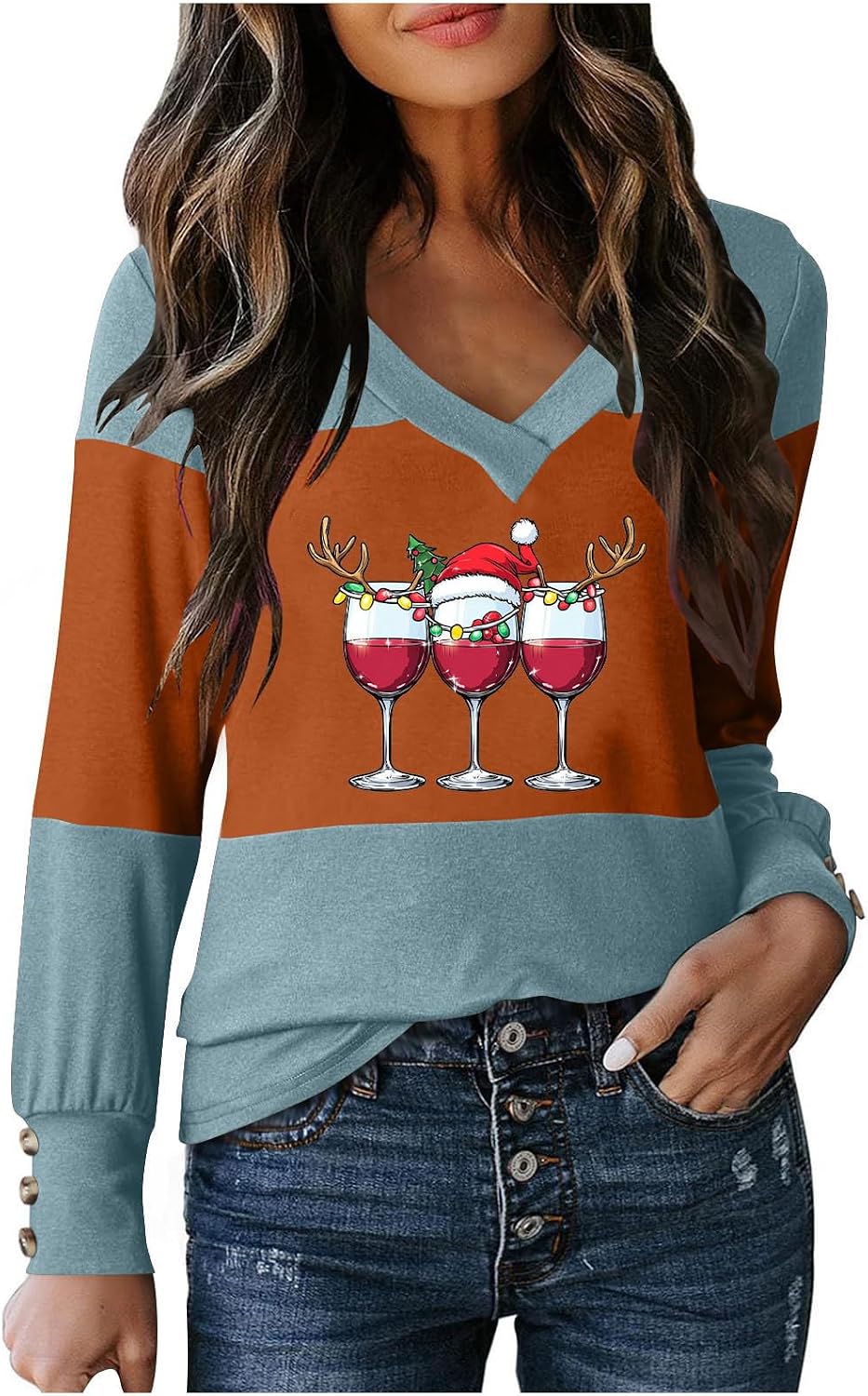 Women Christmas Shirts V Neck Long Sleeve Holiday Tops Red Wine Glass Graphic Xmas Outfits Color Block T-Shirt