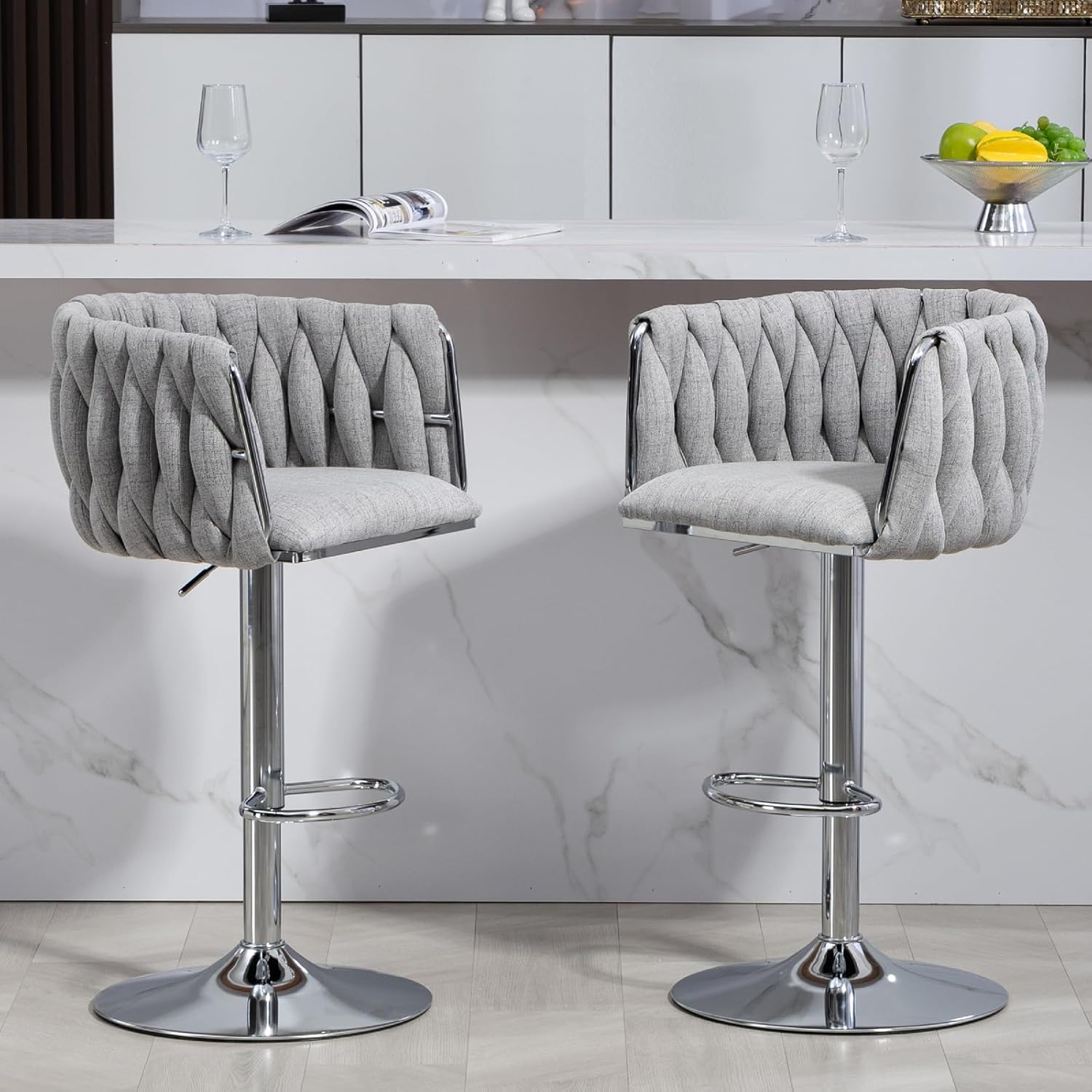 Swivel Kitchen Bar Stools Set of 2 Adjustable Height Dining Room Chairs with Footrest Linen Upholstered Chairs for Kitchen Island, Pub, Cafe, Salon (Light Gray)