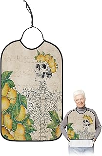 BOBOWUNY Summer Lemon Adult Bibs for Elder Women Men Eating, Farmhouse Skeleton Spring Green Leaves Waterproof & Washable Bibs for Eating Clothing Protector Dining Bibs for Crumb Catcher
