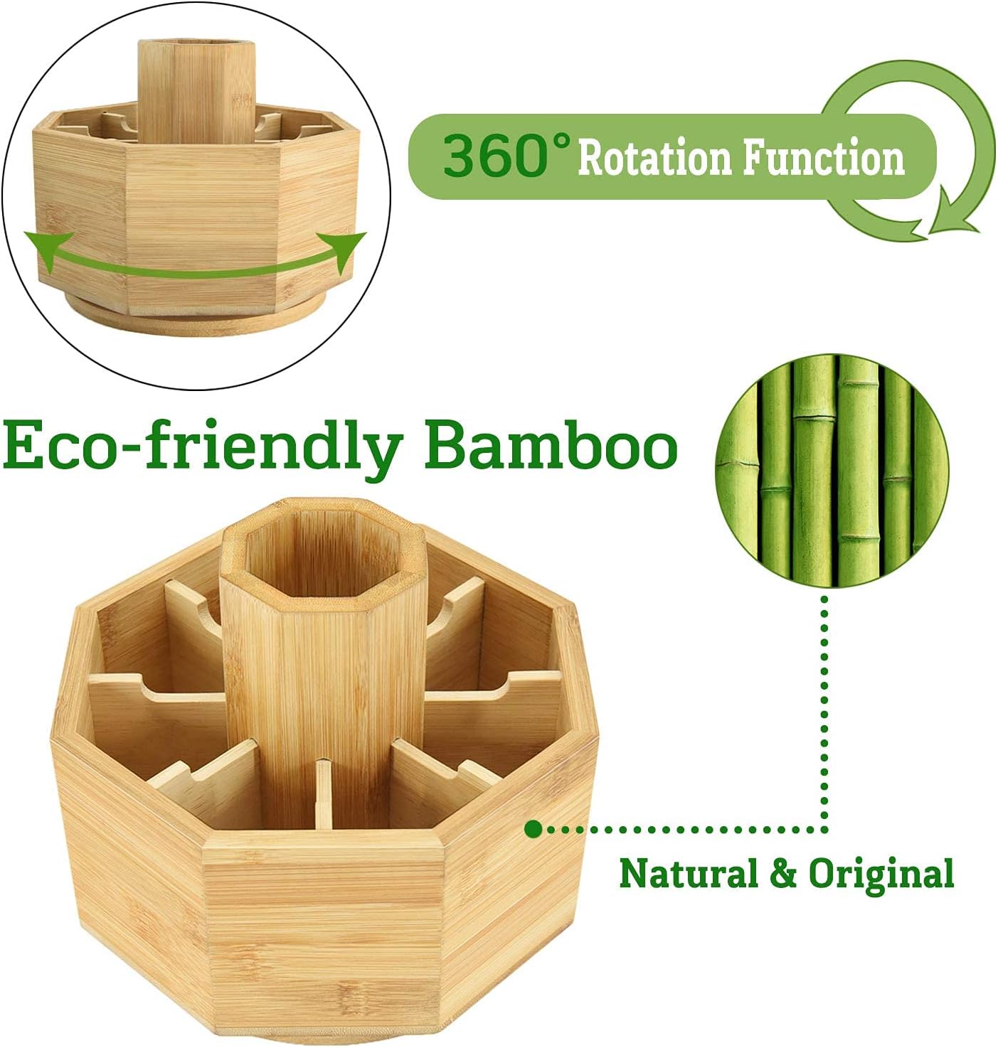 Bamboo Rotating Office & Art Supply Desk Organizer, 360 Degree Rotating Pen Holder with 9 Compartments, Desktop Storage Caddy with 9 Sections for Pens, Scissors, Clips, Sticky Notes & More : Office Products