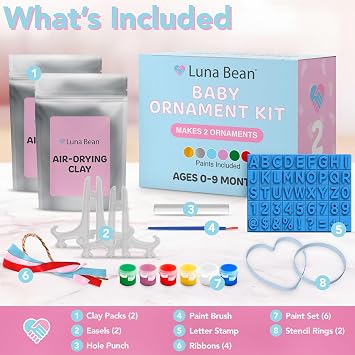 Baby Handprint Ornament Making Kit with Paint Set, Easel & Ribbons, Makes 2