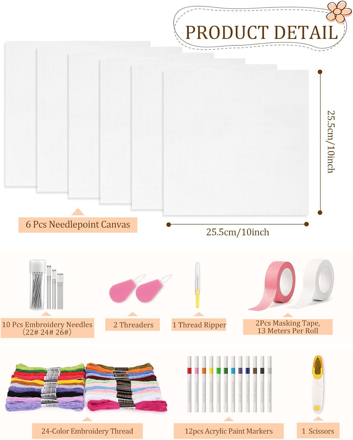 Zplontya 58PCS Needlepoint Canvas Starter Kit Include 6pcs 18ct Needlepoint Blank Canvas, Threads, Markers, Tapes, Needles, Scissor, Threaders and Ripper for Needlepoint & Cross Stitch Projects
