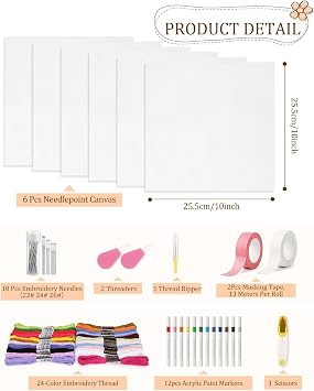 Zplontya 58PCS Needlepoint Canvas Starter Kit Include 6pcs 18ct Needlepoint Blank Canvas, Threads, Markers, Tapes, Needles, Scissor, Threaders and Ripper for Needlepoint & Cross Stitch Projects