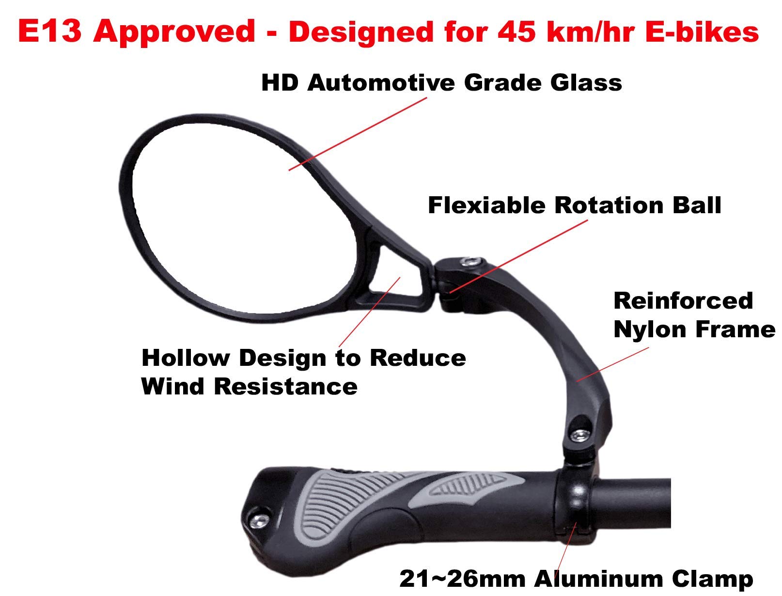 Hafny Rétroviseur de vélo électrique approuvé E13, grand miroir de guidon de vélo, miroir de vélo en verre de qualité automobile HD, miroir de vélo résistant aux explosions