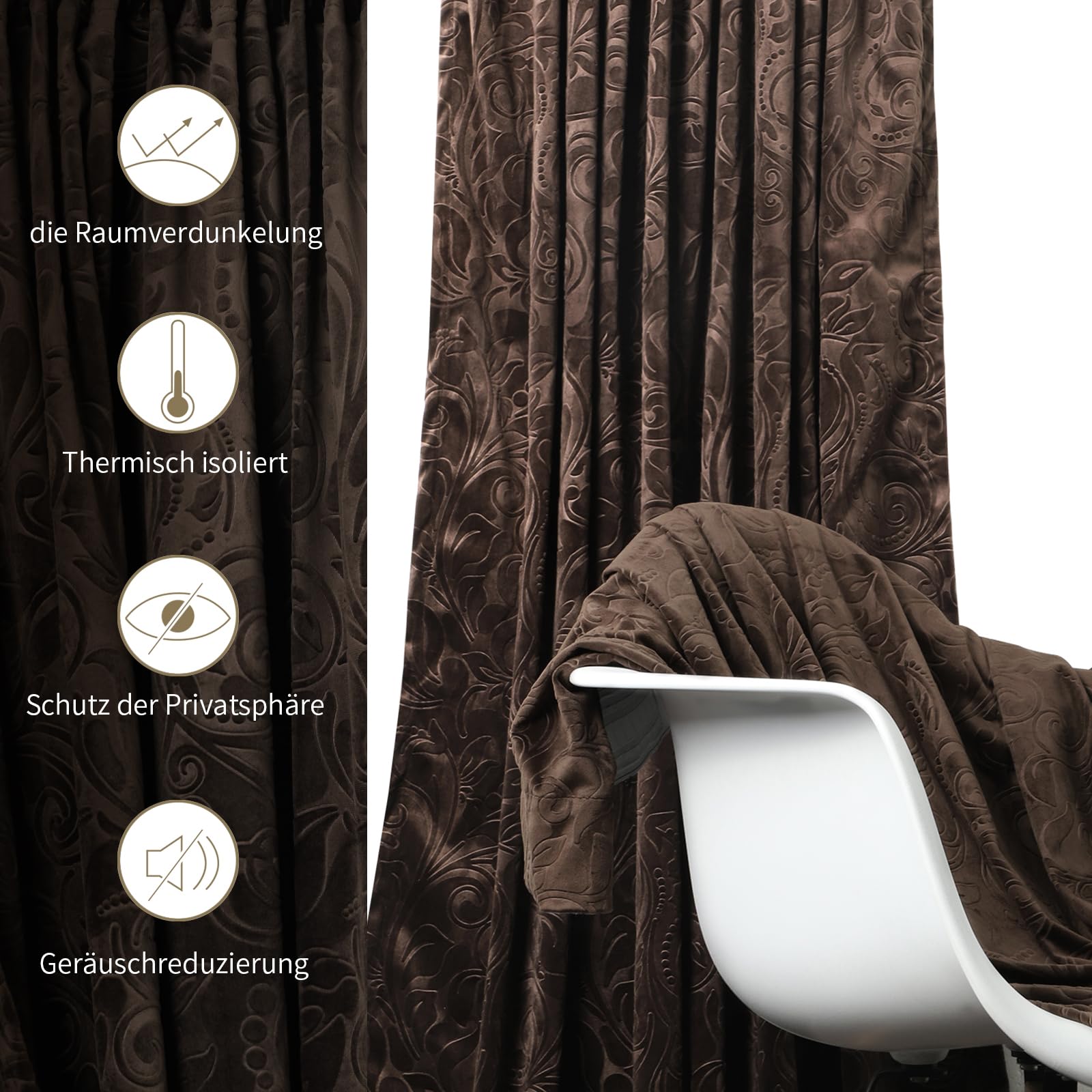 Rosnek Rideau de 300 cm de long, 304 x 132 cm (H x l) - En velours - Opaque - Avec ruban fronceur - Rideau thermique - Pour chambre à coucher - Avec tête multifonctionnelle - Style baroque - Marron