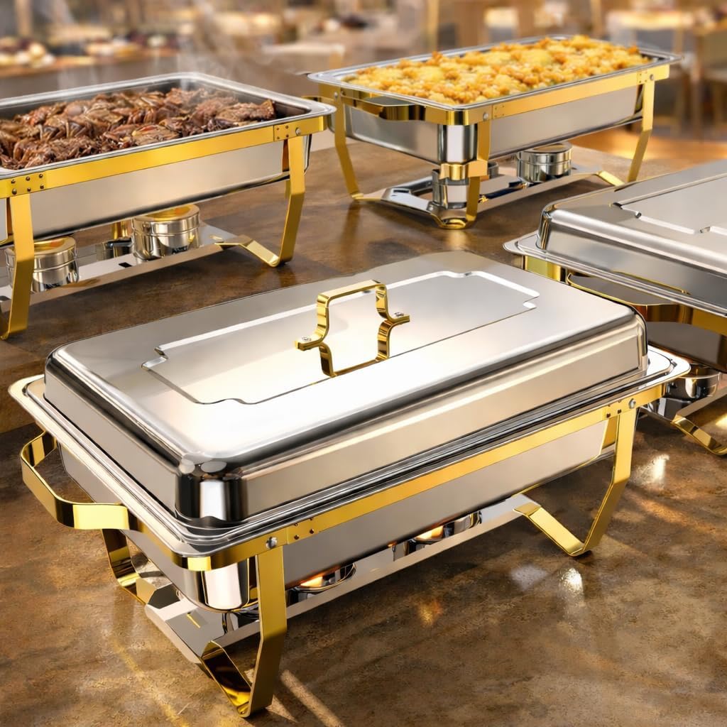 Chafing Dish Buffet Set 4 Pack, 9QT Stainless Steel Chafers and Buffet Warmers with Full-Size Pans, Elegant Gold & Silver Finish, Catering Equipment for Weddings, Parties, Banquets, Events