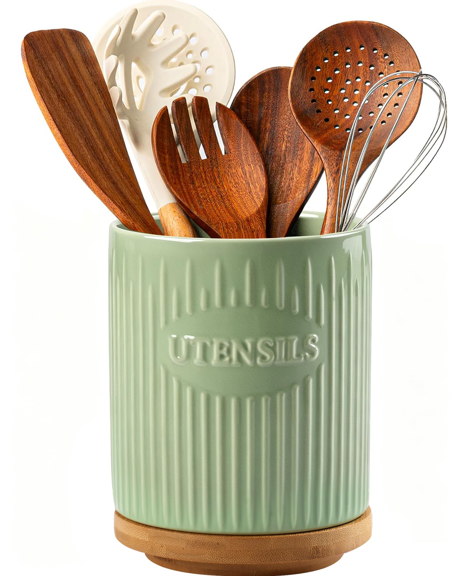 Porte-ustensiles rotatif à 360°, grand organiseur de cuisine en céramique de 19,5 cm avec base en bambou, stable, décoration de cuisine de style fermière, vert