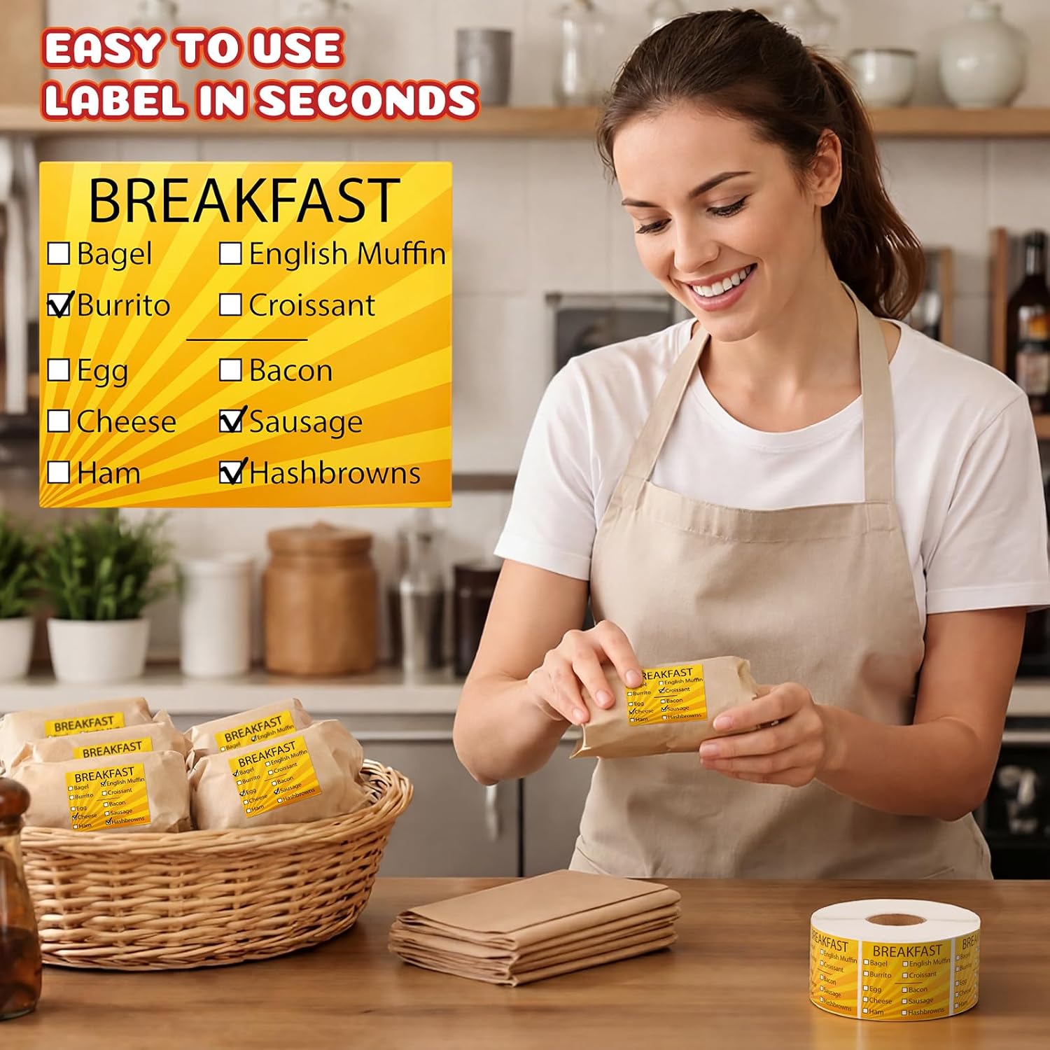 1000 Breakfast Sandwich Labels Per Roll, 2.5" x 2.125" Yellow Check Off Food Stickers, Adhesive Paper Identification Tags for Cafe Restaurant Deli Takeout Food Truck