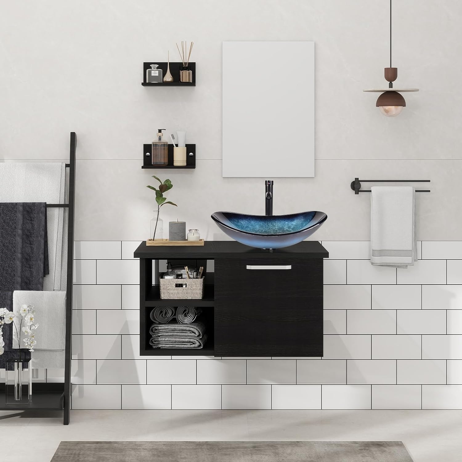 YOURLITE 28" Wall Mounted Bathroom Vanity Modern Lavatory Wood Cabinet with Mirror Blue Boat Tempered Glass Sink Combo Vanities Set