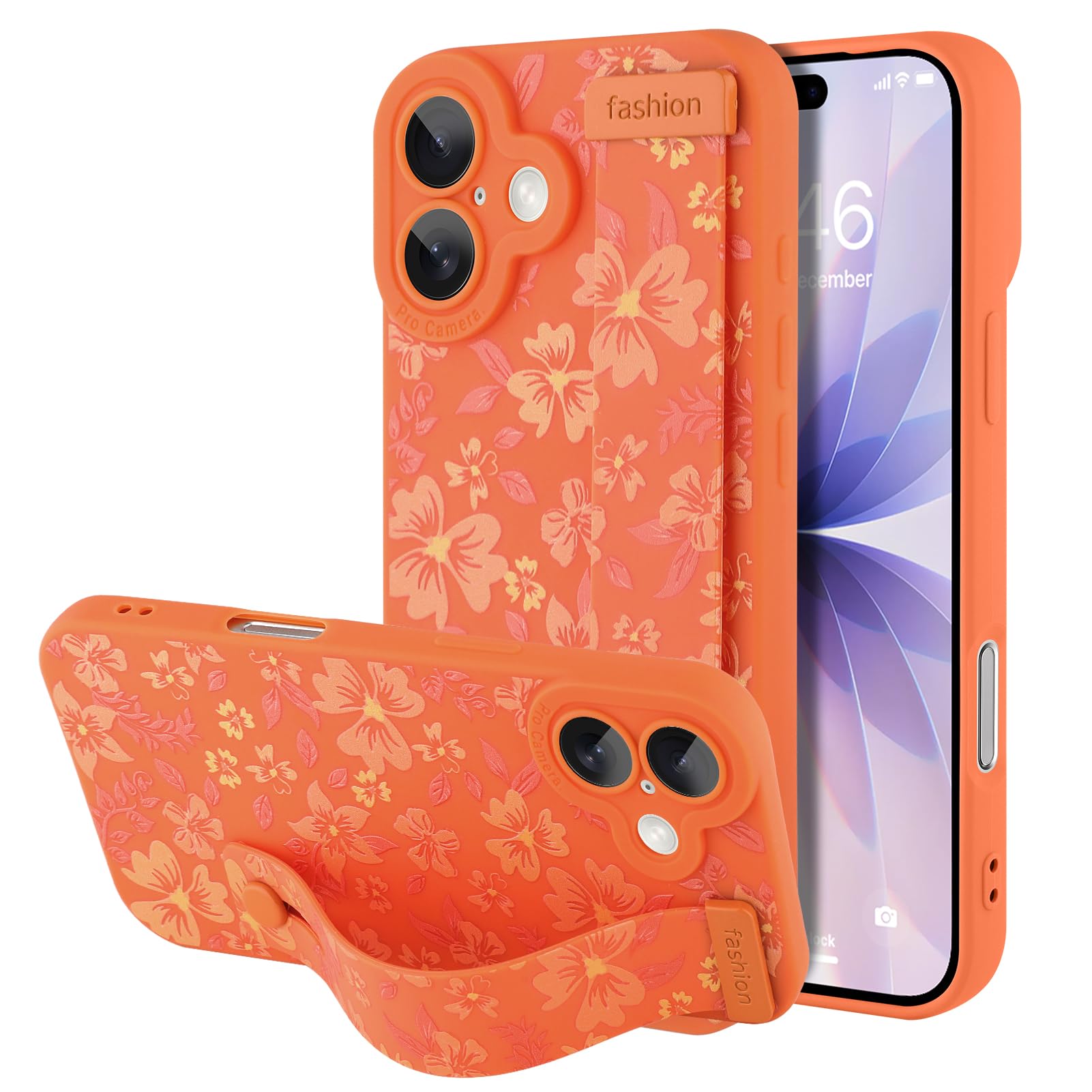 Custodia compatibile con iPhone 17 con cinturino da polso, motivo floreale carino per ragazze e donne, morbido TPU regolabile con cavalletto antiurto custodia protettiva arancione