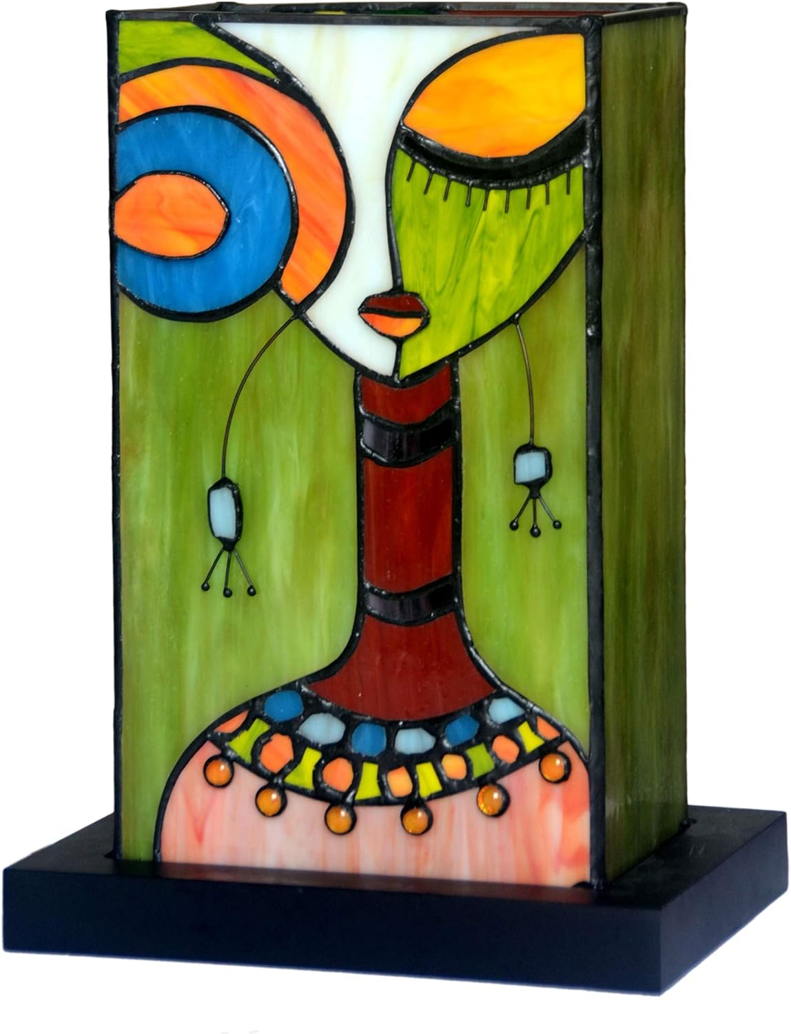 HT Tiffany Style Small Night Light Table Lamp Cuboid Square Abstract Painting Stained Glass Shade 1 Light Wood Base Traditional Handmade Lighting for Living Room Bedroom Bedside Nightstand