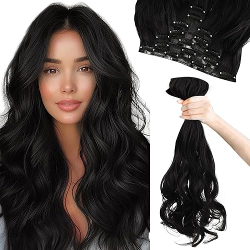 Vlasy Hair Extensions Clip in,7PCS Wavy Clip in Extensions,20 Inches Long Synthetic Clip on Hair Hairpiece Full Head for Women Girls(1B#)