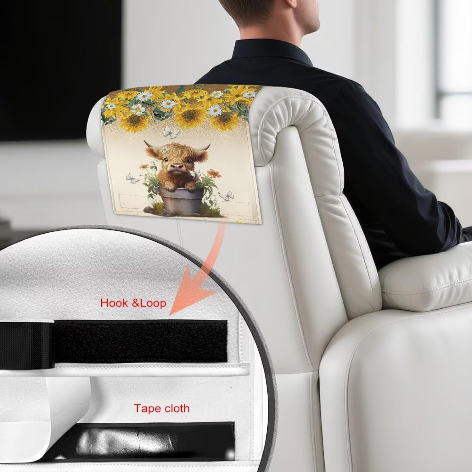 Wanyint Recliner Headrest Cover PU Leather Chair Headrest Cover Furniture Protector Decorative Head Rest Covers for Recliner/Sofa/Couch/Loveseat, 17x27 Inch, Highland Cow Sunflower, Set of 2