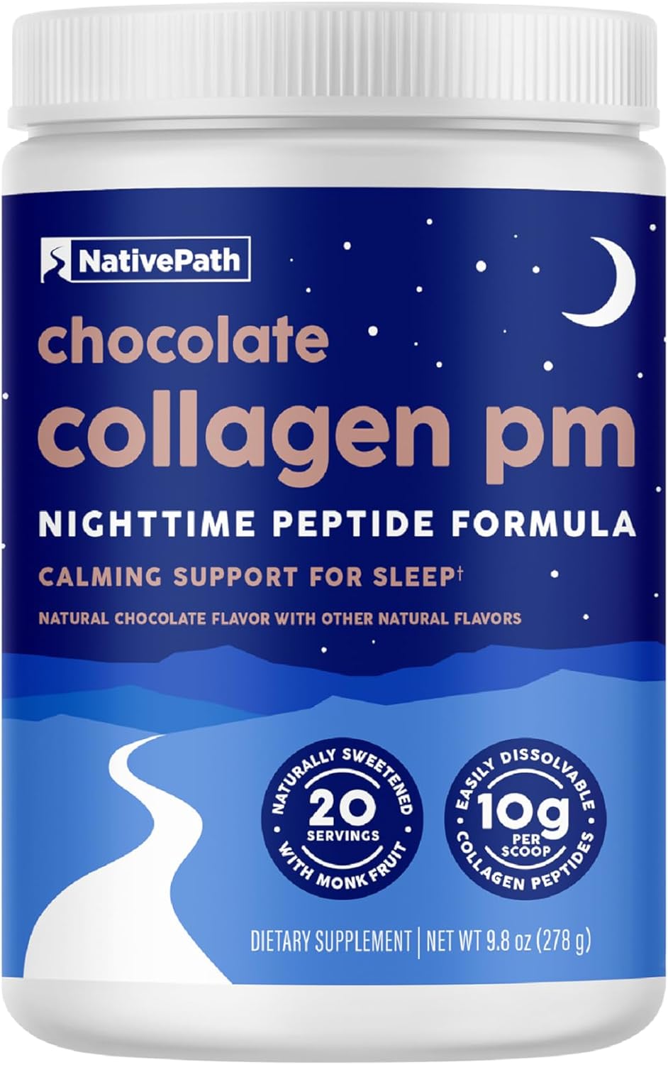NativePath Collagen PM - Chocolate Nighttime Collagen Peptides Powder with Magnesium, GABA, L-Theanine and Melatonin - 20 Servings