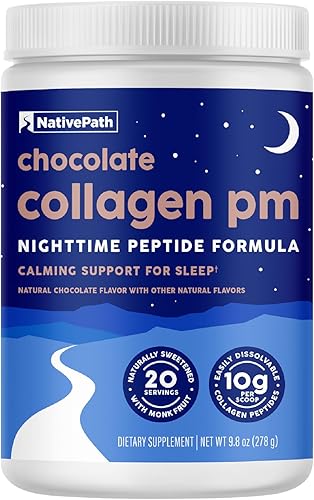 NativePath Colágeno PM - Polvo de péptidos de colágeno nocturno de chocolate con magnesio, GABA, L-teanina y melatonina, 20 porciones