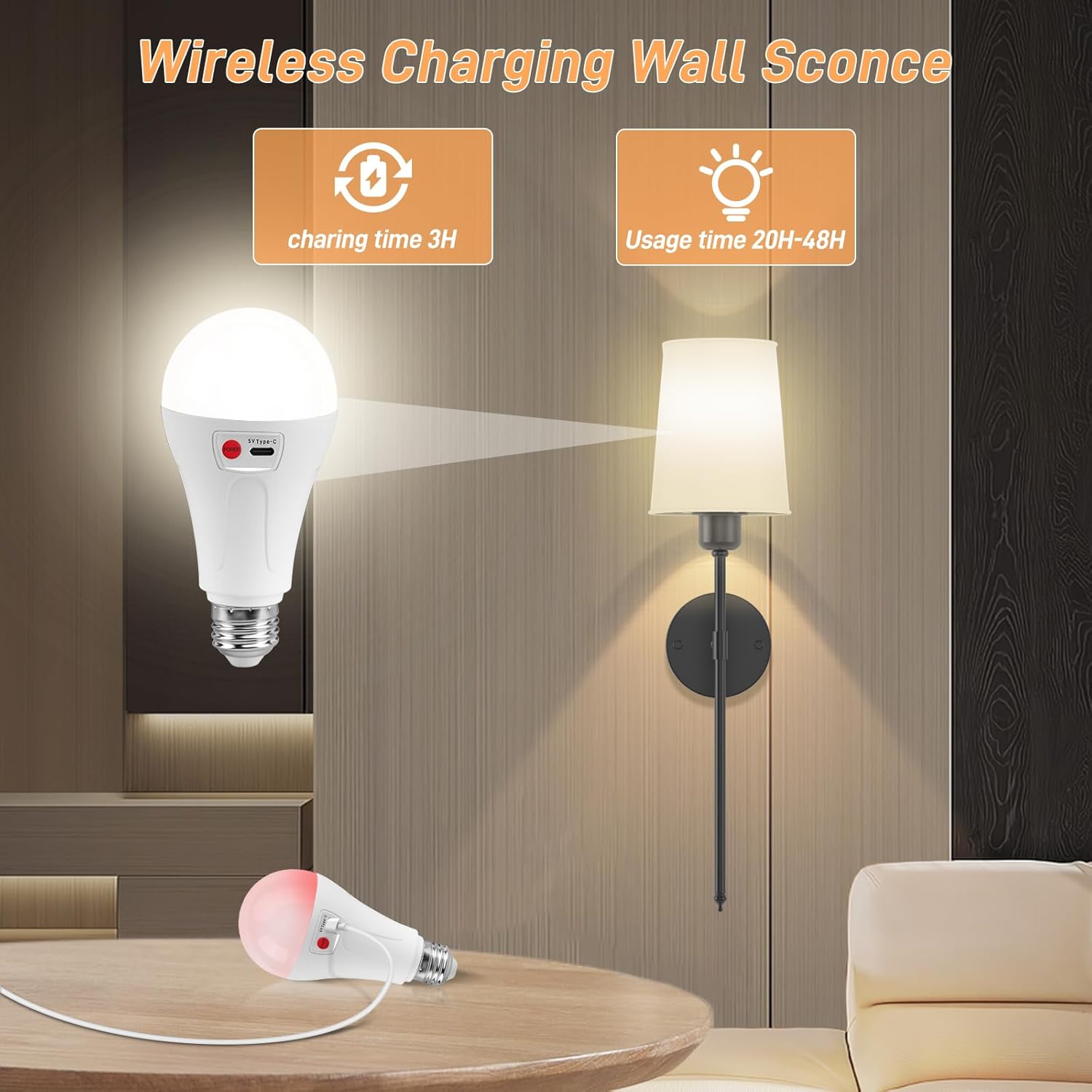 Battery Operated Wall Sconce Set of Two, Dimmable Sconces Wall Decor, Rechargeable Wall Lamp for Bedroom, Living Room, Black