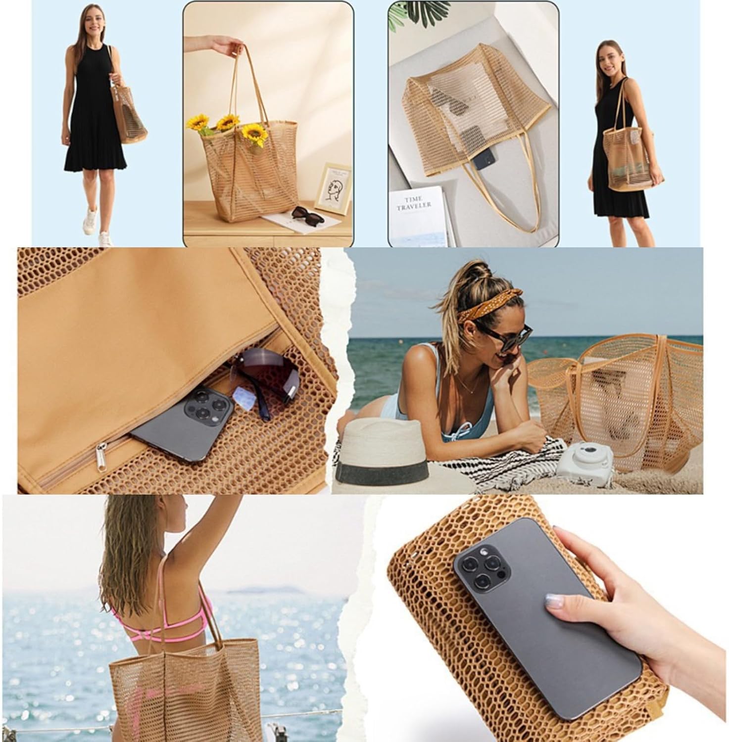 Beach Bags for Women,Mesh Tote Bag with Large Inner Pocket, Sandproof Shoulder Handbag for Beach and Pool